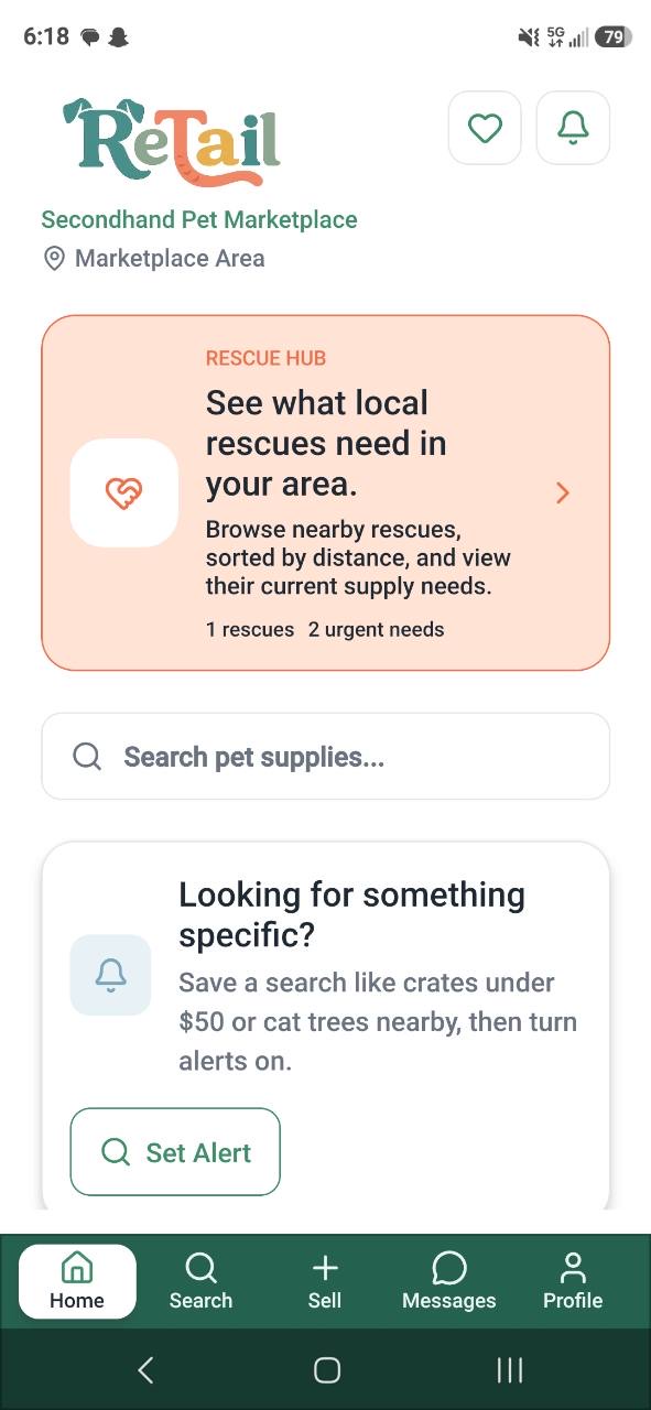 ReTail home screen with Rescue Hub and search.